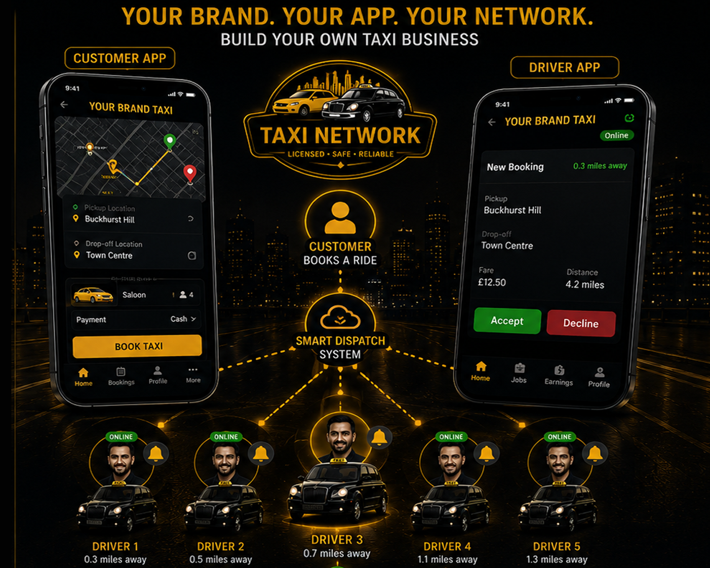 Branded Taxi Customer App and Driver App for Licensed Hackney Carriage Taxi Drivers
